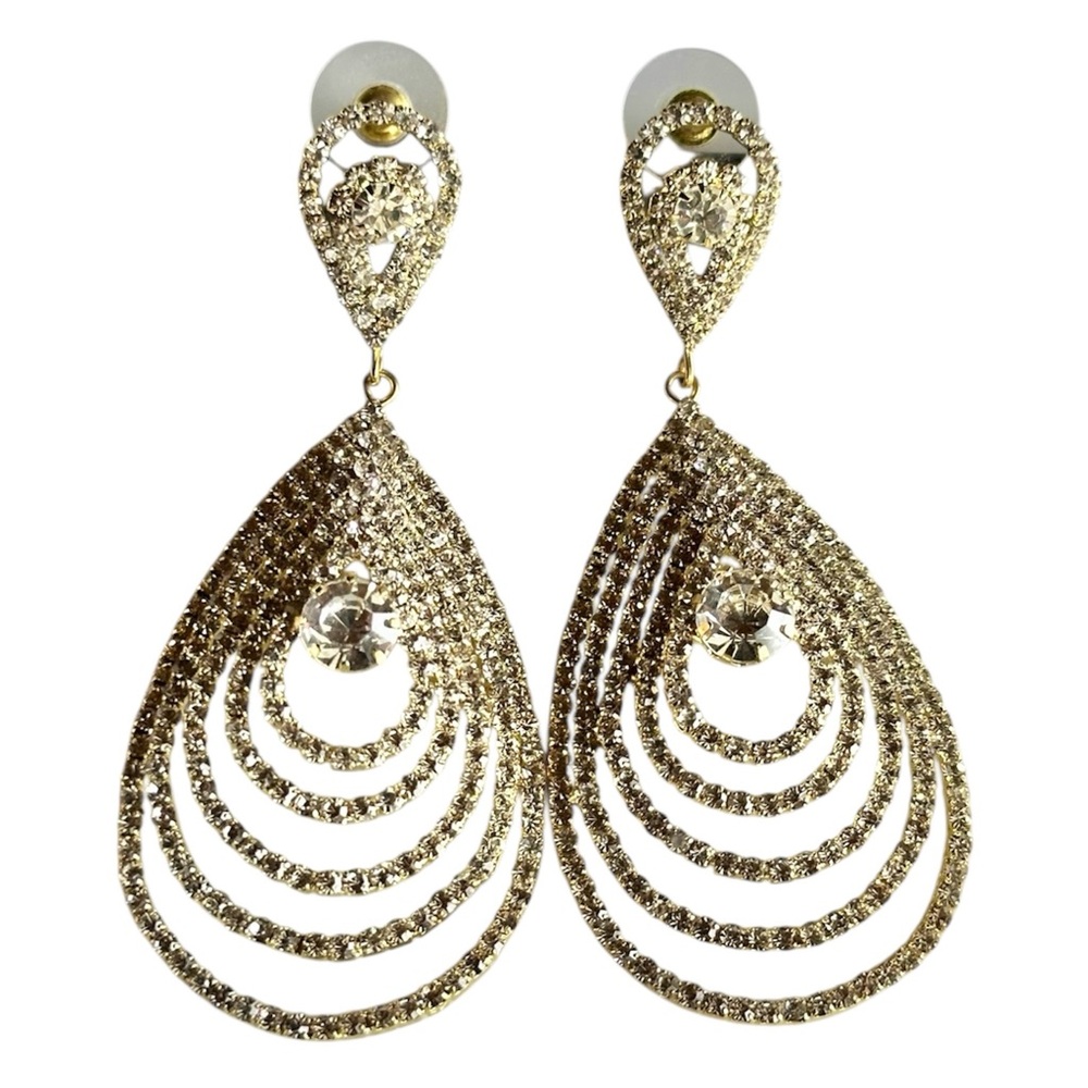Gold Rhinestone Teardrop Earrings Marylin Monroe Bridal Pageant Prom Statement - Picture 5 of 7